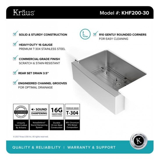 Kraus KHF200-30 29 3/4" Single Bowl Farmhouse/Apron Front Stainless Steel Rectangular Kitchen Sink