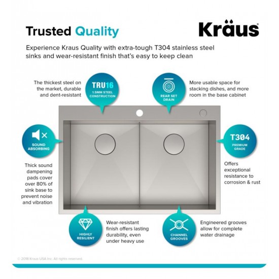 Kraus KP1TD33S-2 Pax 33" Double Bowl Drop-In Stainless Steel Rectangular Kitchen Sink