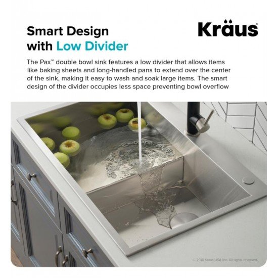 Kraus KP1TD33S-2 Pax 33" Double Bowl Drop-In Stainless Steel Rectangular Kitchen Sink