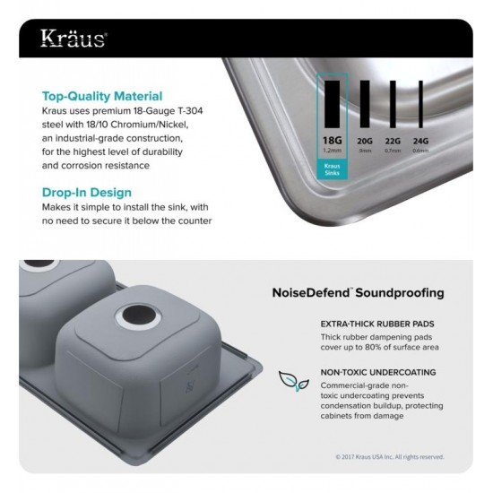 Kraus KTM33 33 1/8" Double Bowl Drop-In Stainless Steel Rectangular Kitchen Sink