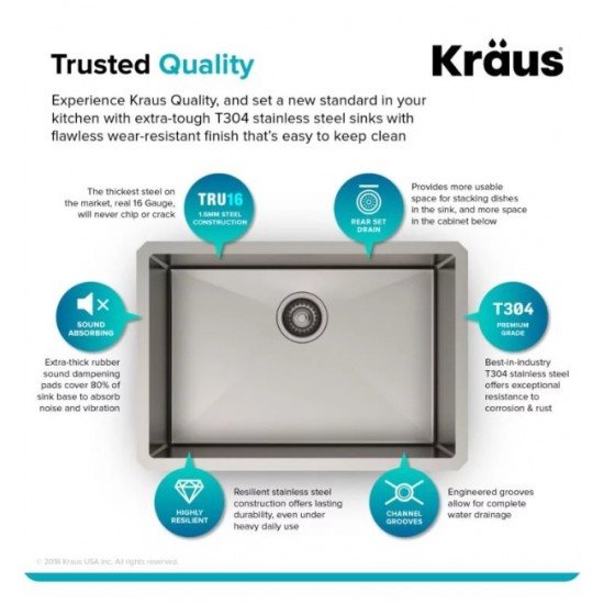 Kraus KHU100-26 Standart Pro 26" Single Bowl Undermount 16 Gauge Stainless Steel Kitchen Sink with Noisedefend Soundproofing