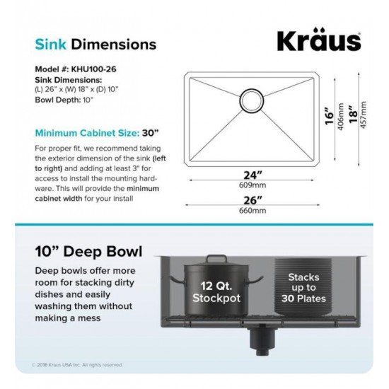 Kraus KHU100-26 Standart Pro 26" Single Bowl Undermount 16 Gauge Stainless Steel Kitchen Sink with Noisedefend Soundproofing