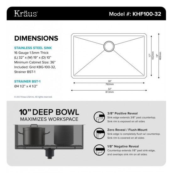 Kraus KHU100-32 32" Single Bowl Undermount Stainless Steel Rectangular Kitchen Sink