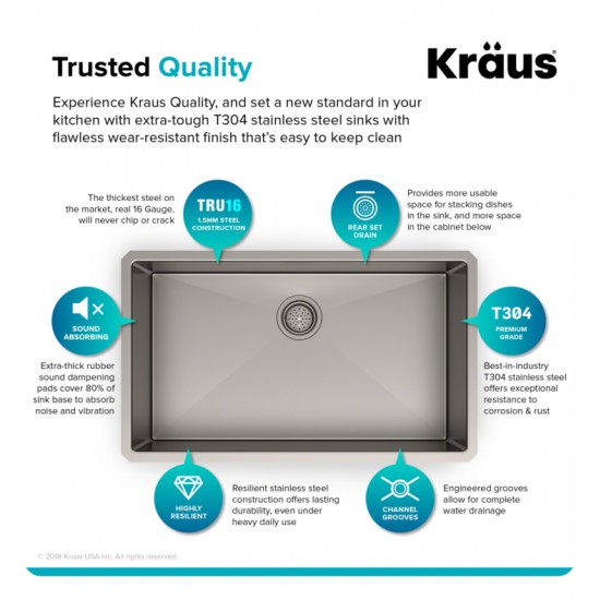 Kraus KHU100-32 32" Single Bowl Undermount Stainless Steel Rectangular Kitchen Sink