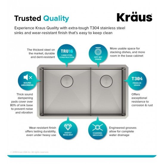 Kraus KHU103-32 Standart Pro 32" Double Bowl Undermount Stainless Steel Rectangular Kitchen Sink in Satin