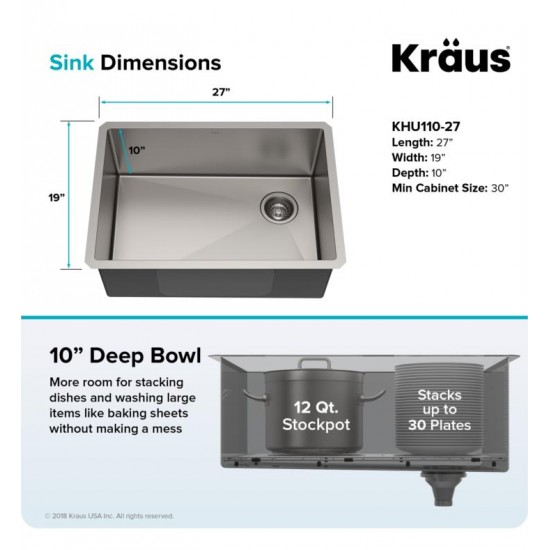 Kraus KHU110-27 Standart Pro 27" Single Bowl Undermount Stainless Steel Rectangular Kitchen Sink