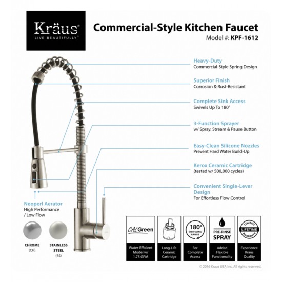 Kraus KPF-1612 Commercial-Style Single-Handle Kitchen Faucet with Pull Down Three-Function Sprayer