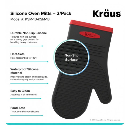 Kraus KSM-1B-KSM-1B Heat-Resistant 100% Food-Safe Silicone Non-Slip Oven Mitts x2