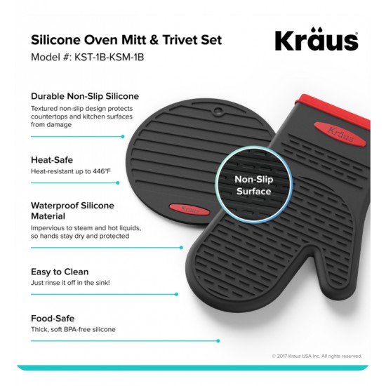 Kraus KST-1B-KSM-1B Heat-Resistant 100% Food-Safe Silicone Non-Slip Trivet and Oven Mitt